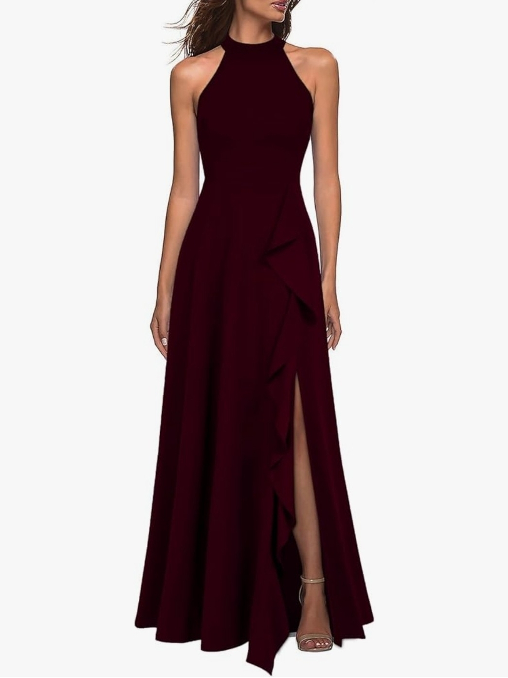 Halter Neck Burgundy Maxi Dress with Side Ruffle and Slit